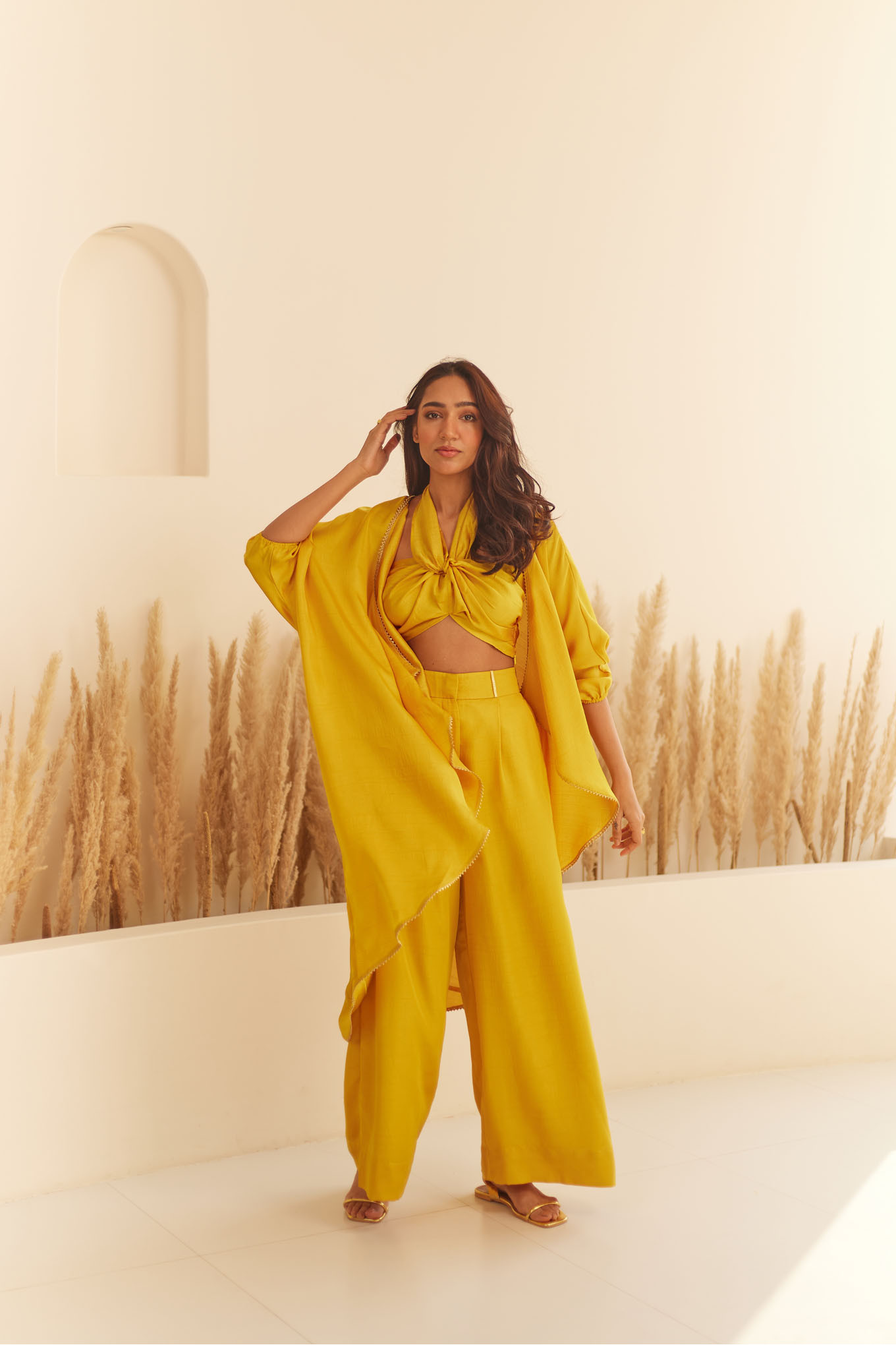 YELLOW TOP AND PANT SET WITH CAPE
