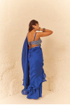 ELECTRIC BLUE PRE STITCHED SAREE WITH EMBROIDERED BLOUSE