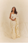 OFF WHITE PRE STITCHED SAREE WITH GOTA EMBROIDERED U-NECK BLOUSE