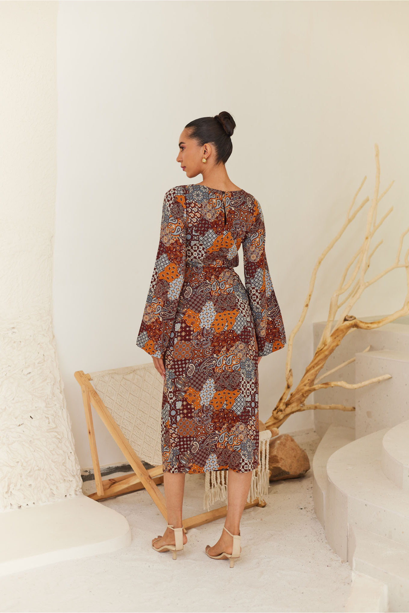 Bohemian Midi Dress With Bell Sleeves