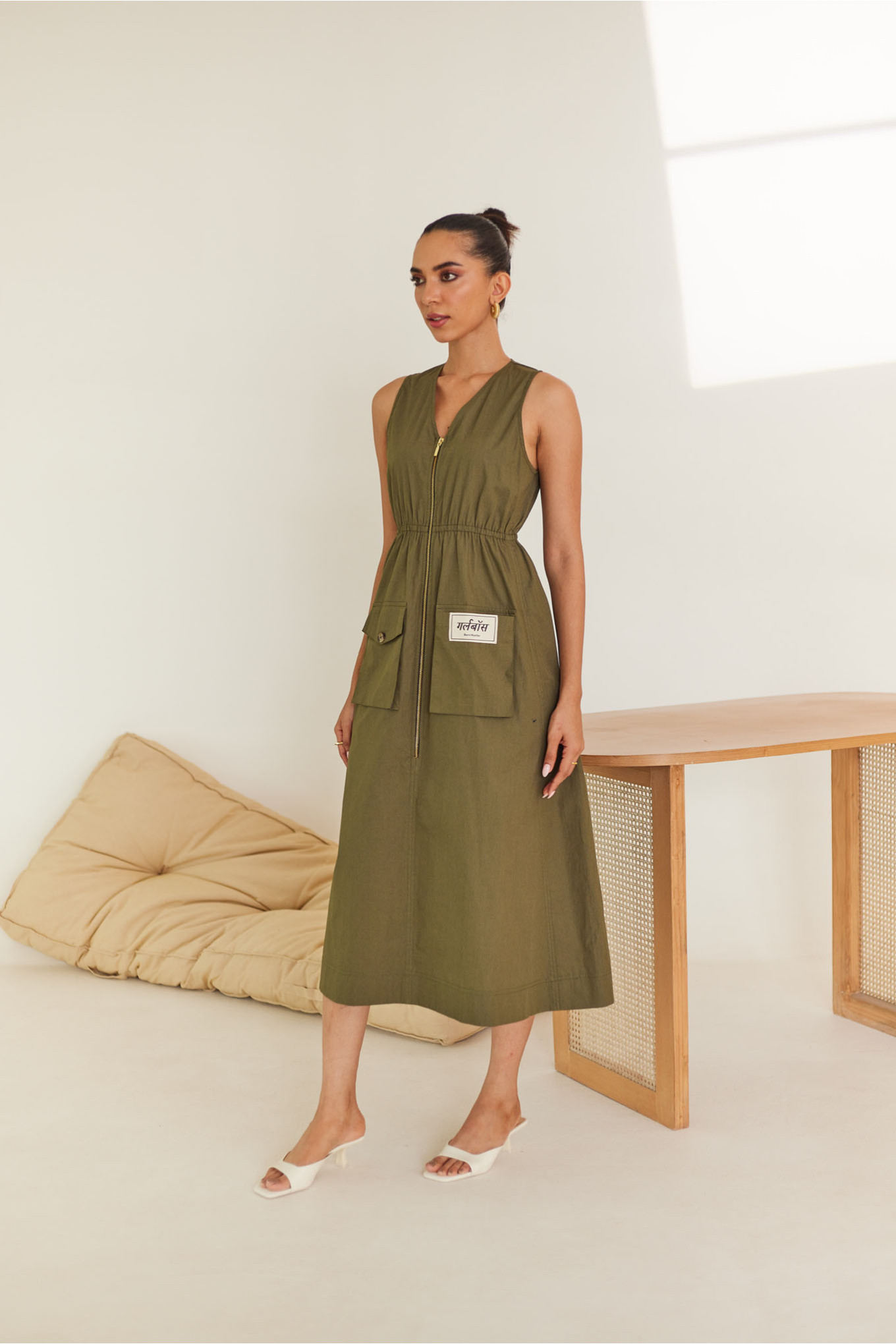 Olive Green Cotton Midi Dress