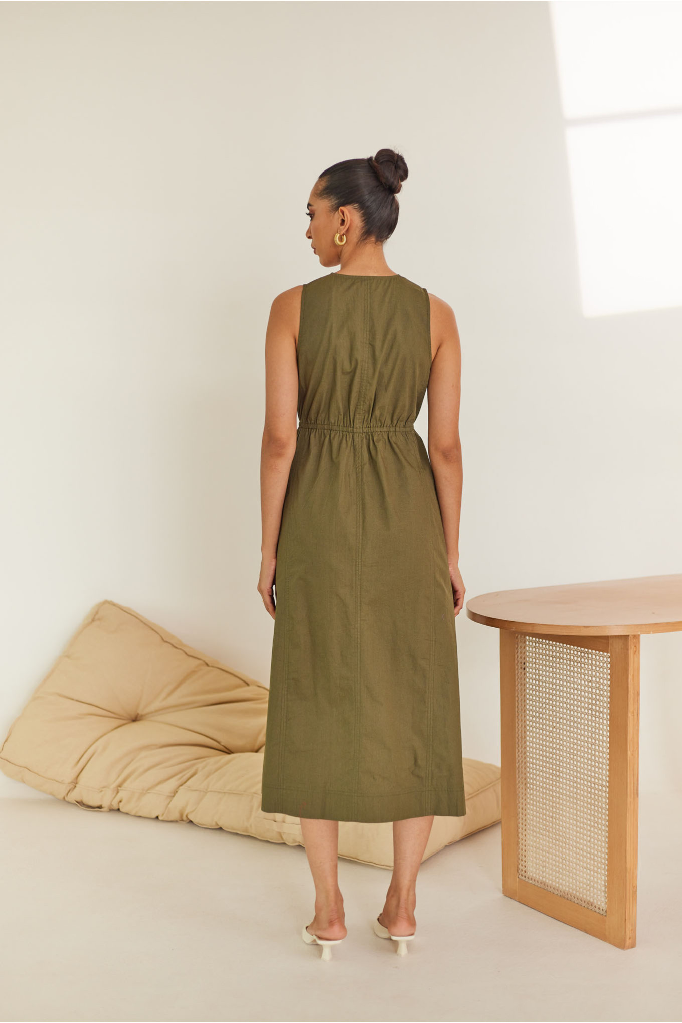 Olive Green Cotton Midi Dress