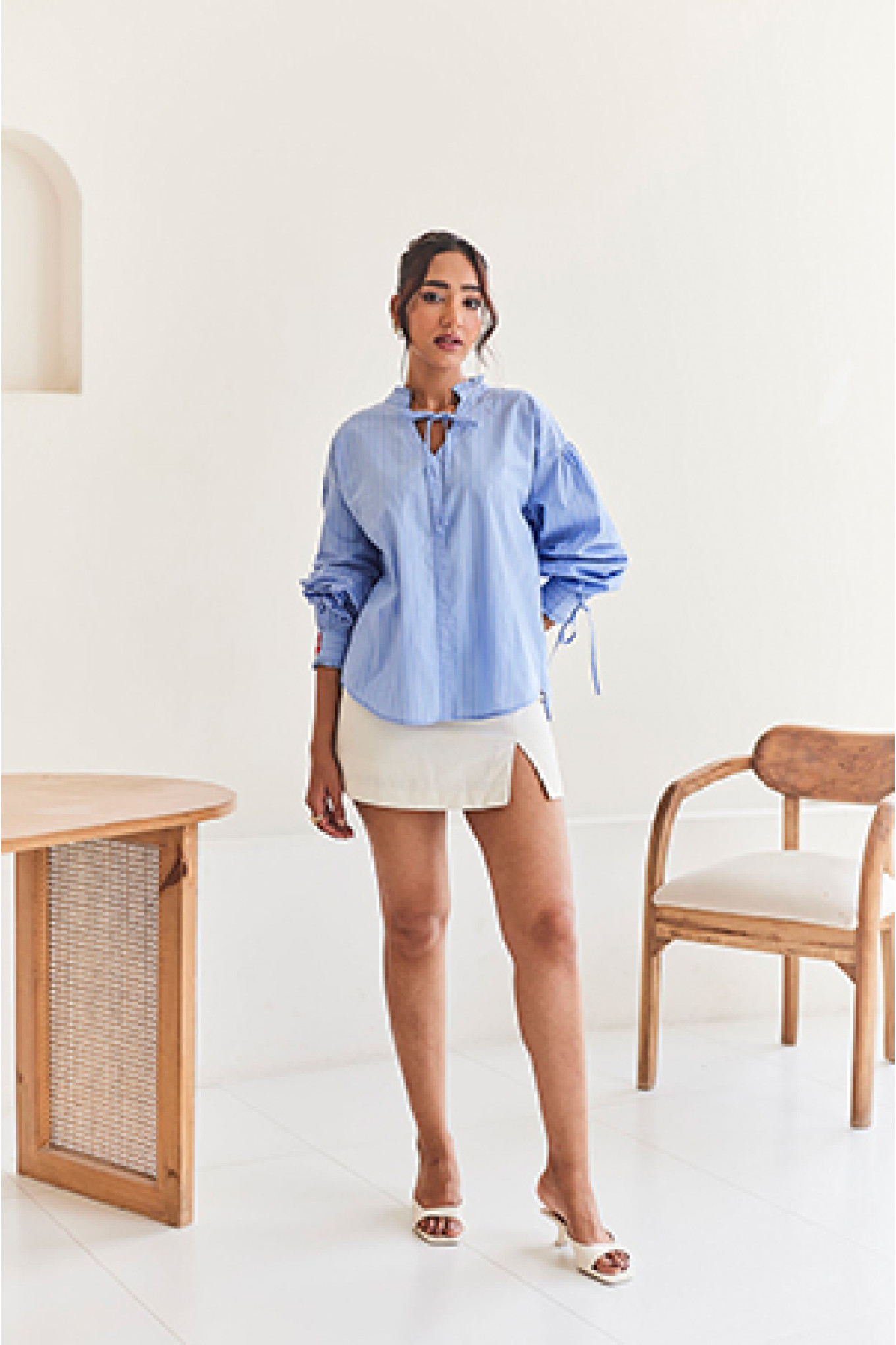 Blue Striped Oversized Shirt with Embroidery Detail
