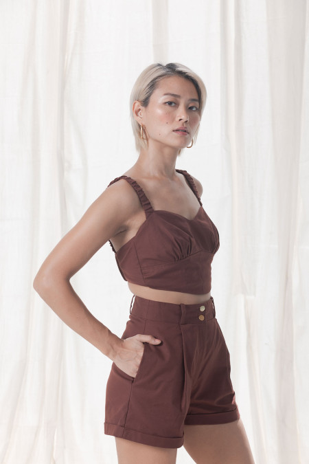 Clothing : Tops : 'Mae' Dark Brown Plunge Corset Top