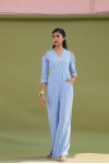 Cold Shoulder 3/4th Long Jumpsuit in Blue And White Stripes Rfd