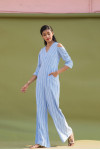 Cold Shoulder 3/4th Long Jumpsuit in Blue And White Stripes Rfd