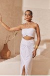 White Ruched Linen Midi Skirt