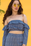 Blue And White Off Shoulder Crop Top With Sleeves Rfd