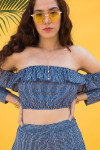 Blue And White Off Shoulder Crop Top With Sleeves Rfd