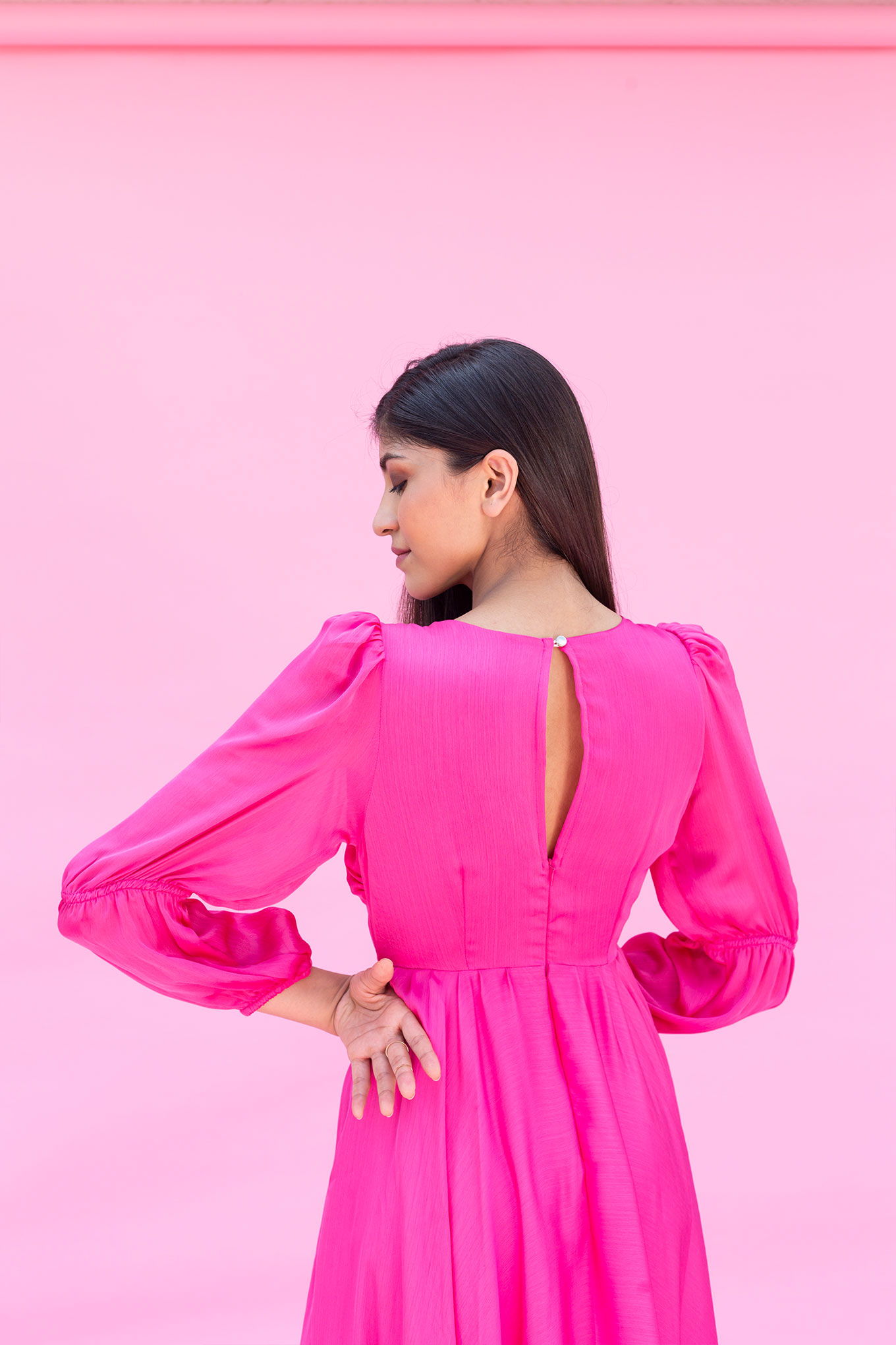 Pink Full Sleeves Midi Dress