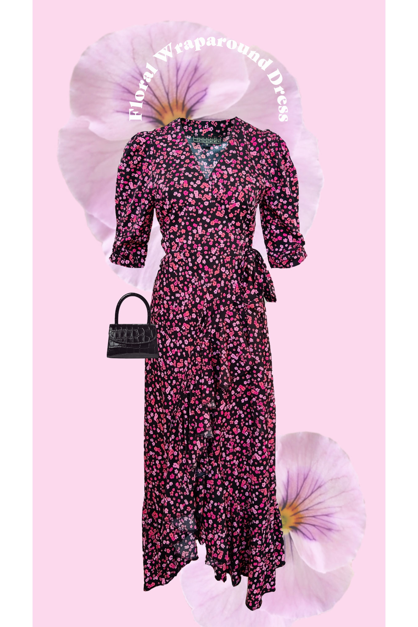PINK AND BLACK FLORAL WRAP-AROUND DRESS