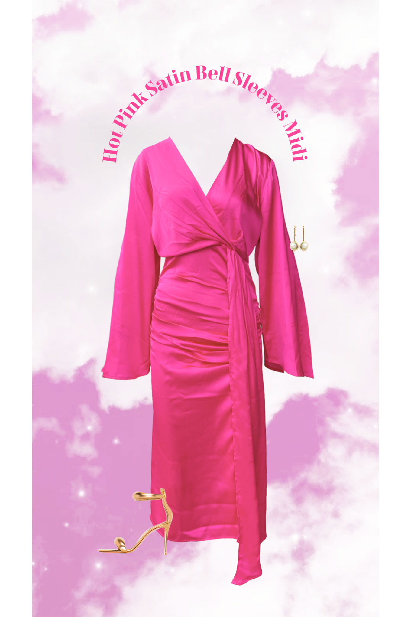 PINK SATIN MIDI DRESS WITH BELL SLEEVES