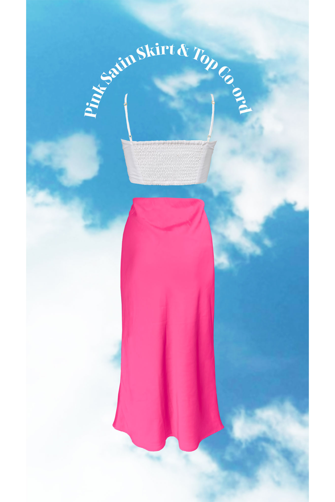 White Crop Top & Pink Satin Skirt Set