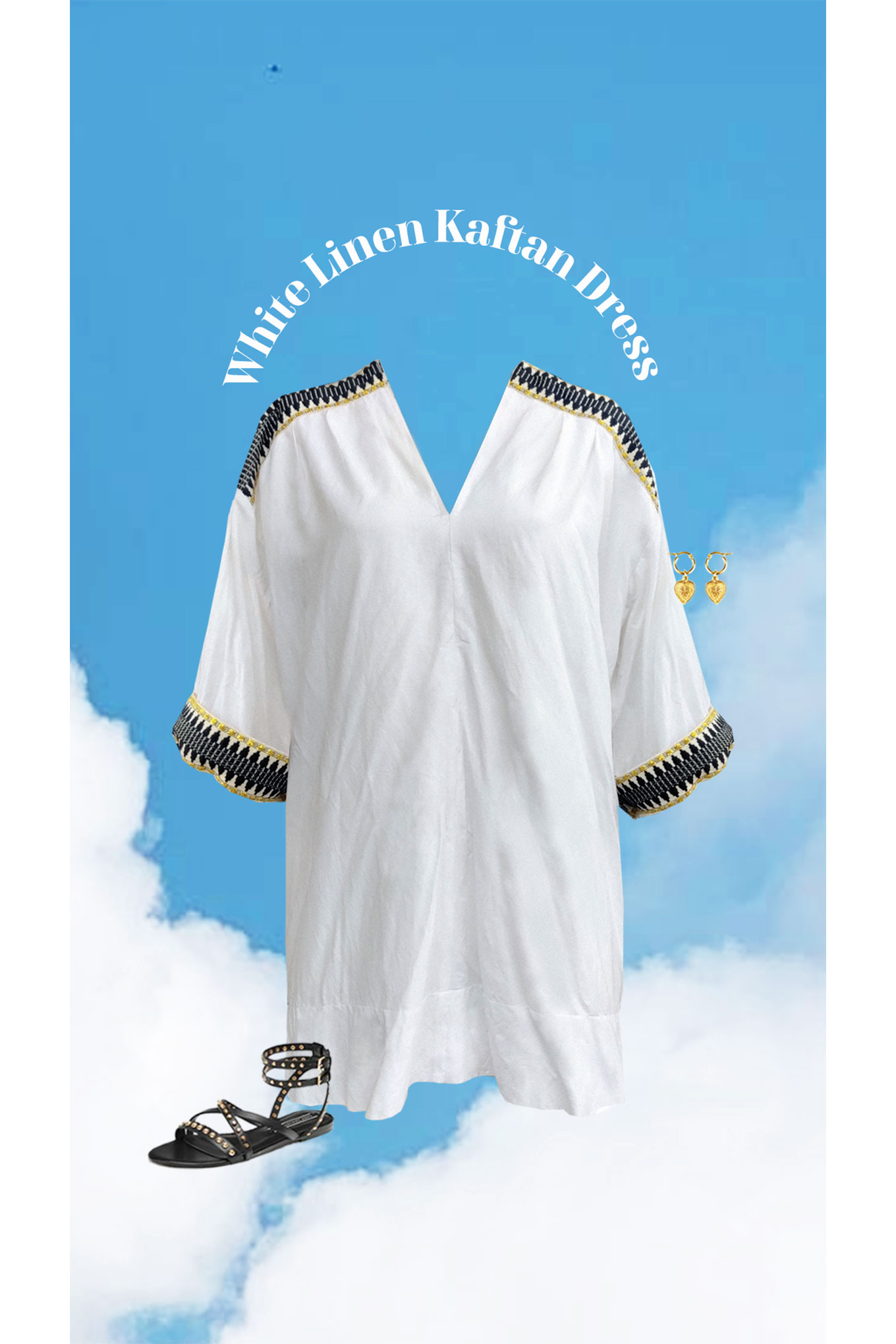 WHITE SHORT KAFTAN DRESS WITH TAPE DETAIL