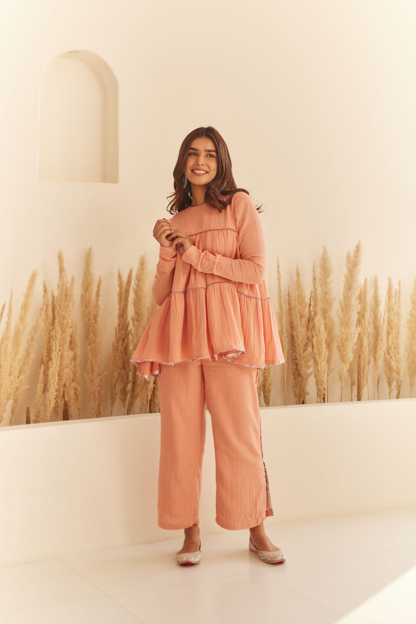 PEACH DOUBLE CLOTH TIERED TOP & PANT SET