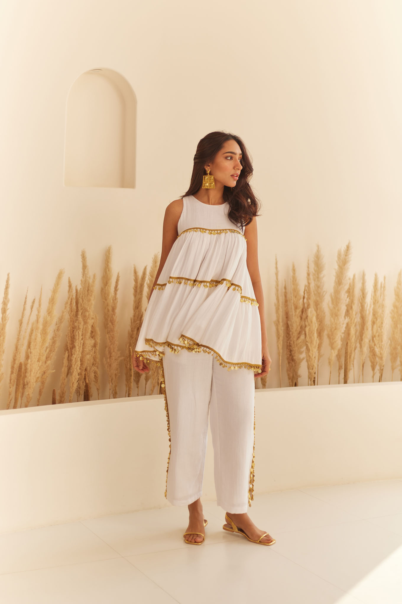 WHITE DOUBLE CLOTH TIERED TOP & PANT SET