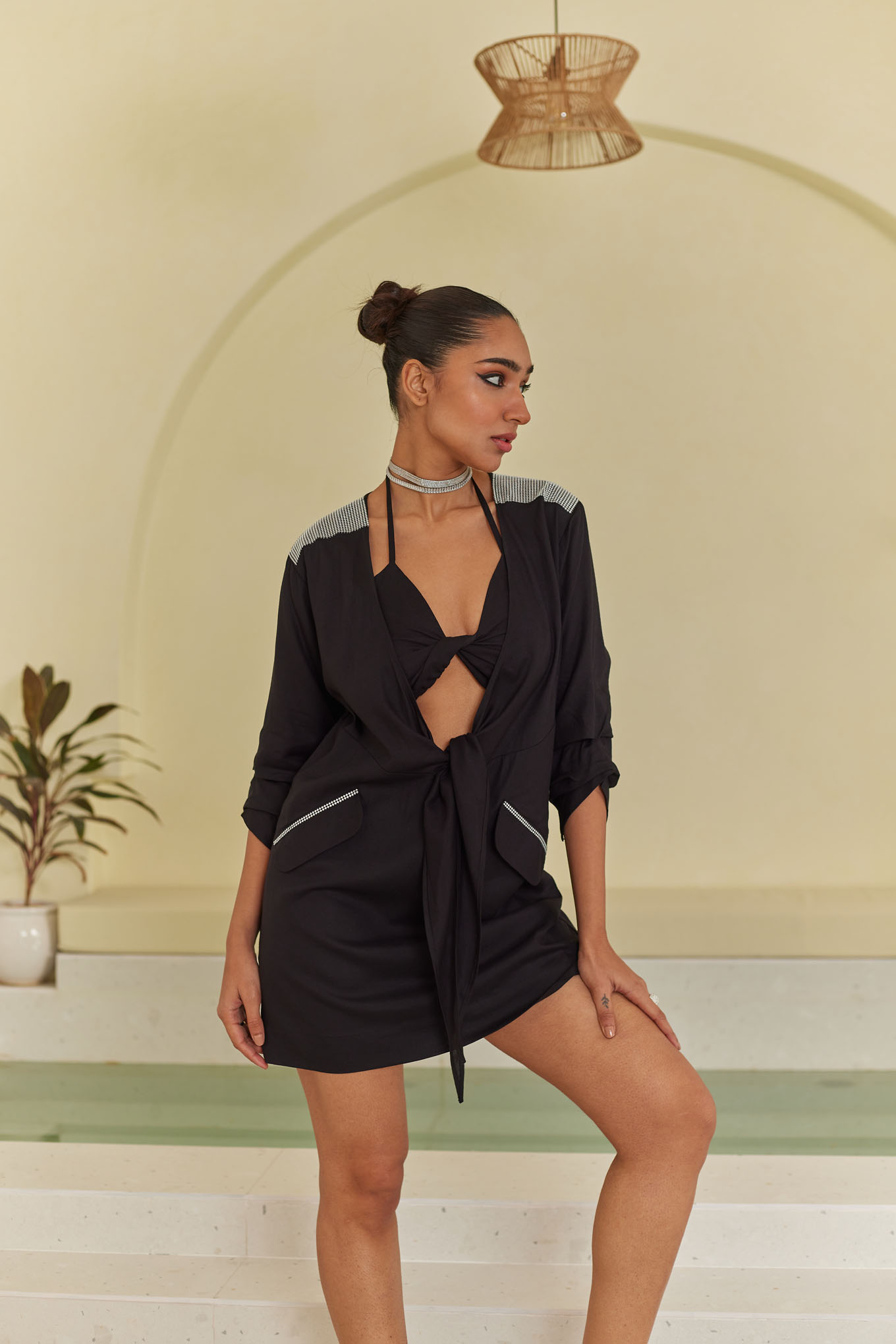 BLACK LINEN COVER UP DRESS WITH BRALETTE
