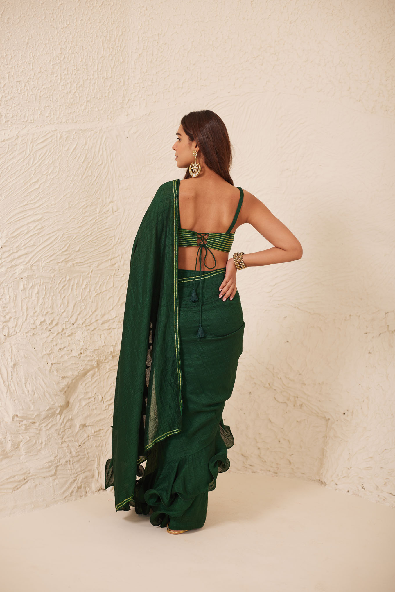 DARK GREEN PRE STITCHED SAREE WITH EMBROIDERED BLOUSE