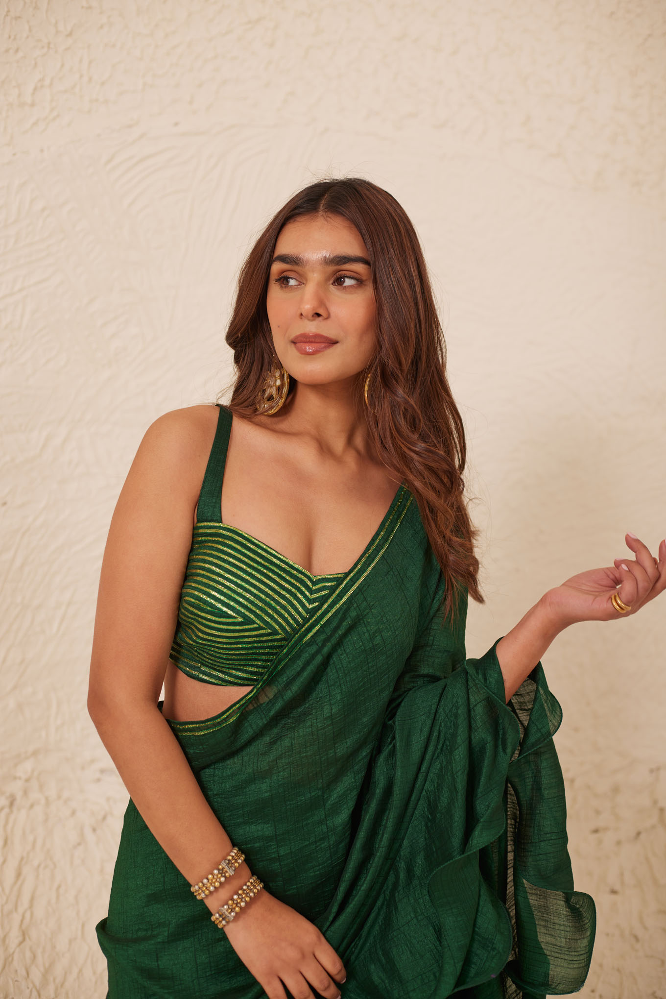DARK GREEN PRE STITCHED SAREE WITH EMBROIDERED BLOUSE
