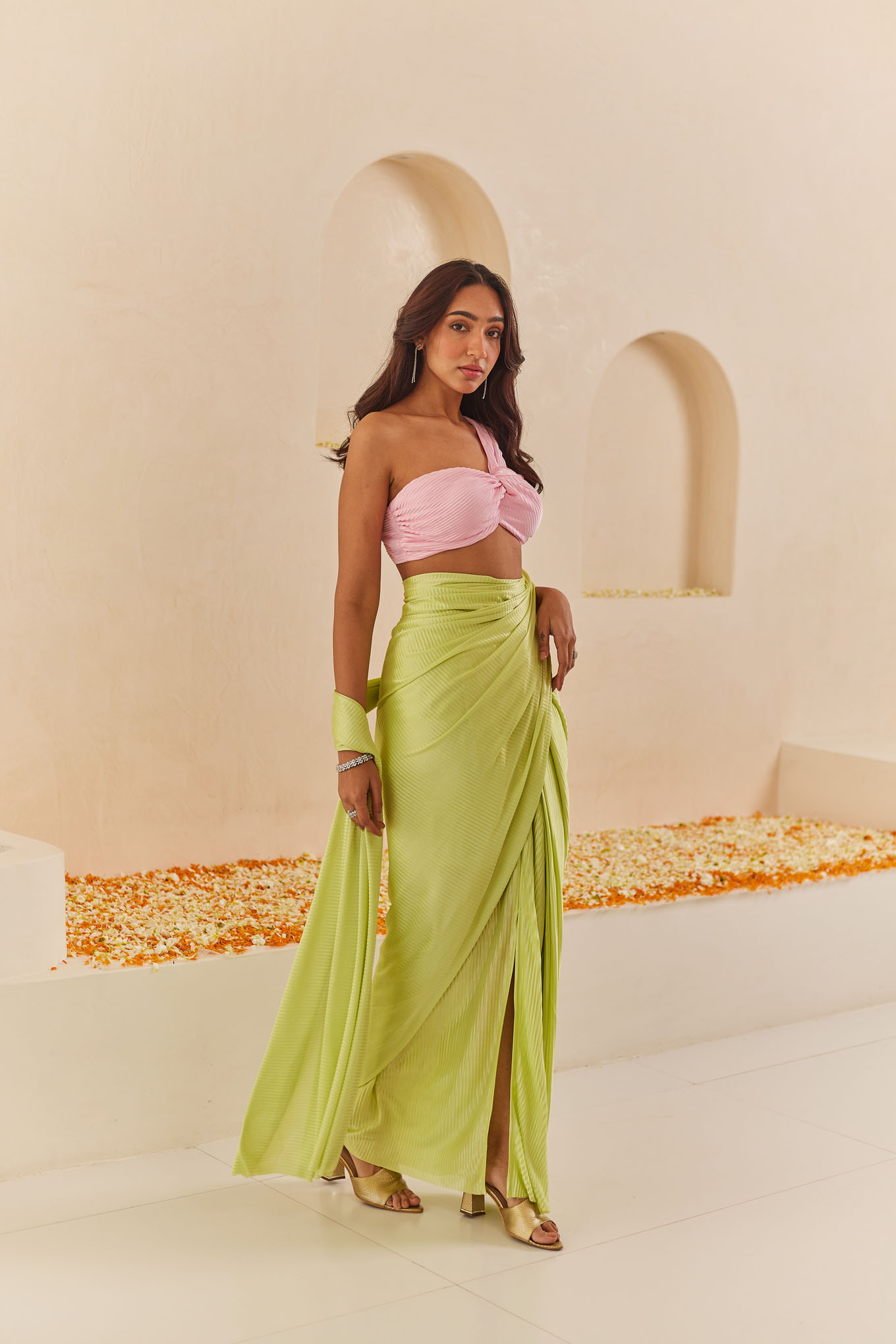 LIME GREEN PLEATED PRE-STITCHED SAREE WITH ONE SHOULDER BLOUSE