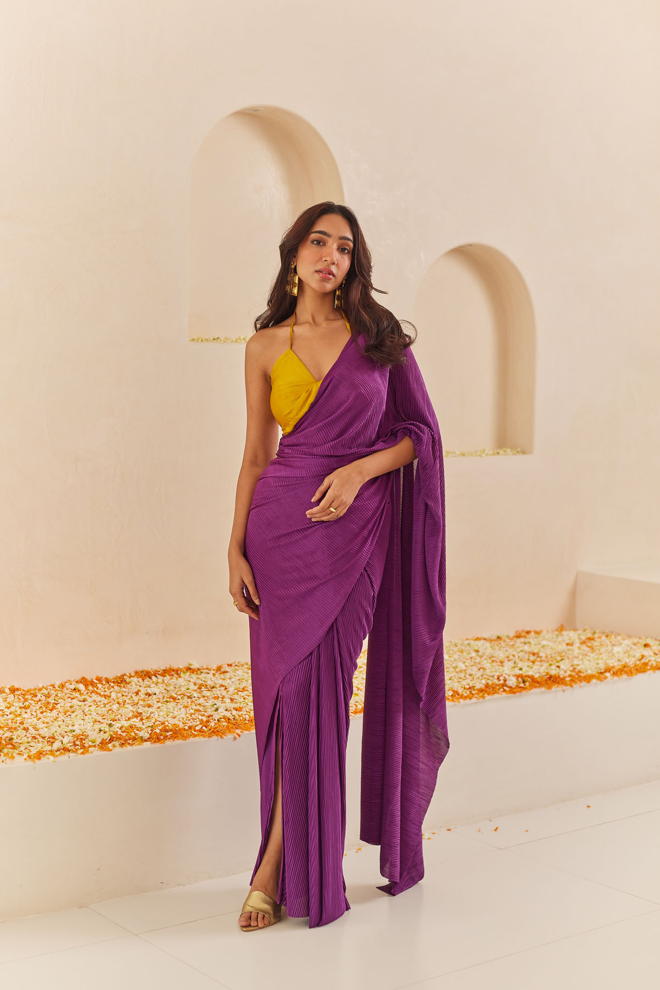 PURPLE PLEATED PRE-STITCHED SAREE WITH FRONT KNOT BLOUSE