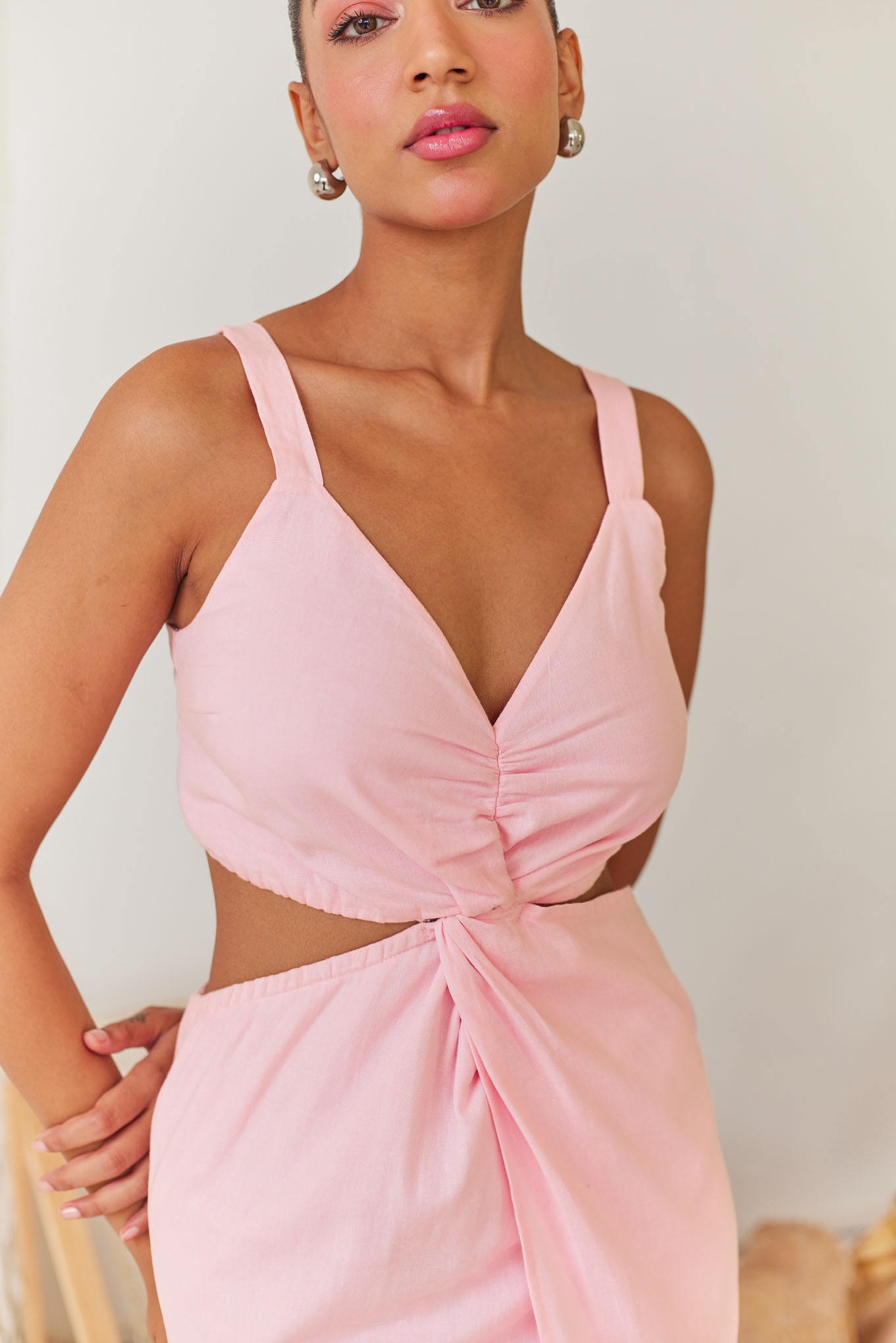 Baby Pink Linen Midi Dress With Front Knot Rfd