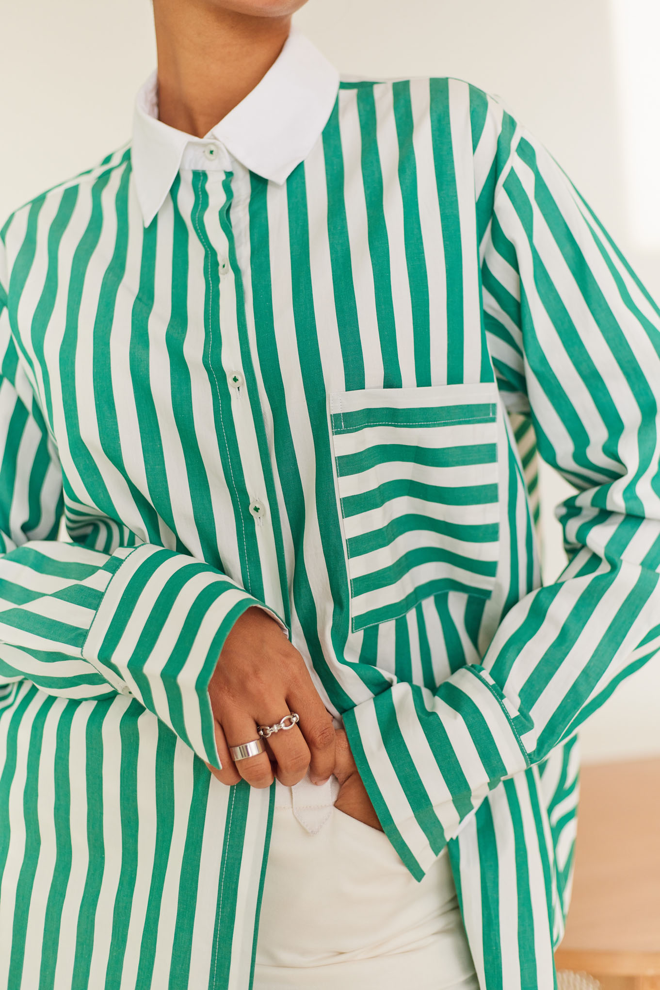 Green Striped Oversized Shirt in Poplin Rfd