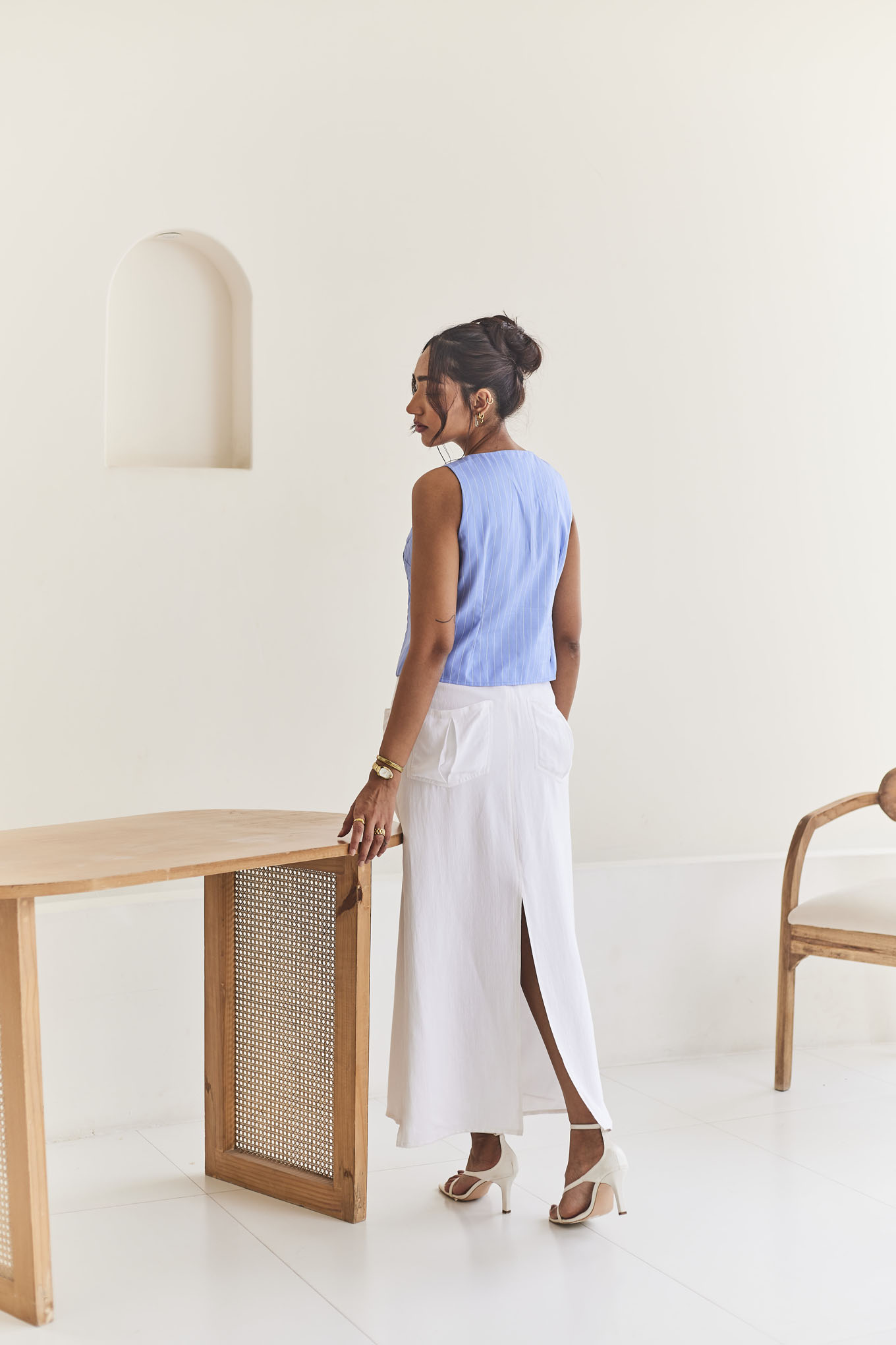 Blue Vest & White Midi Skirt Set