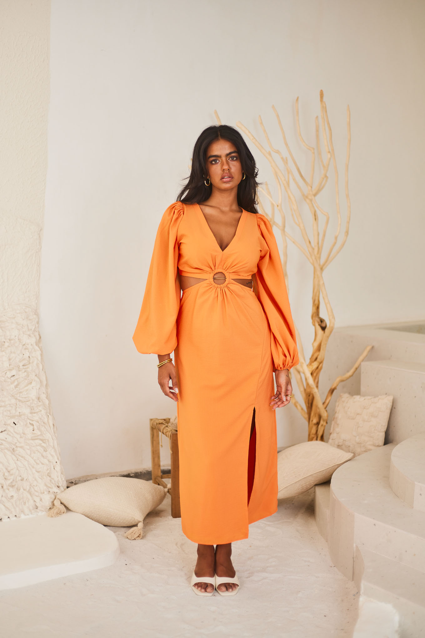 Orange Cut-out Midi Dress