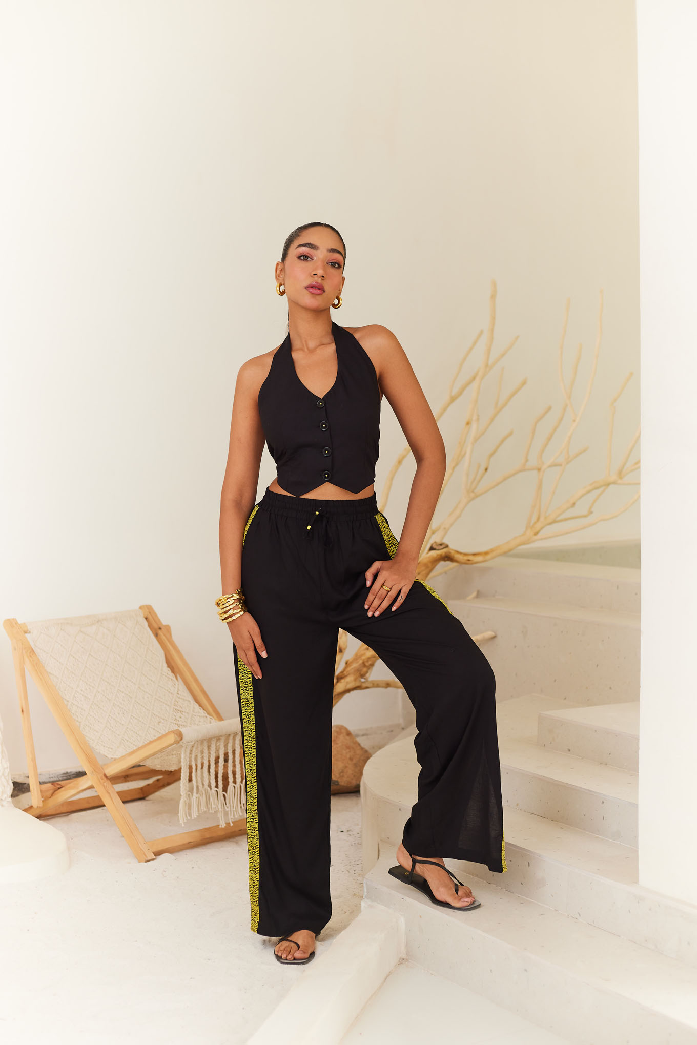 Black Linen Pants with Contrast Tape Detail Rfd