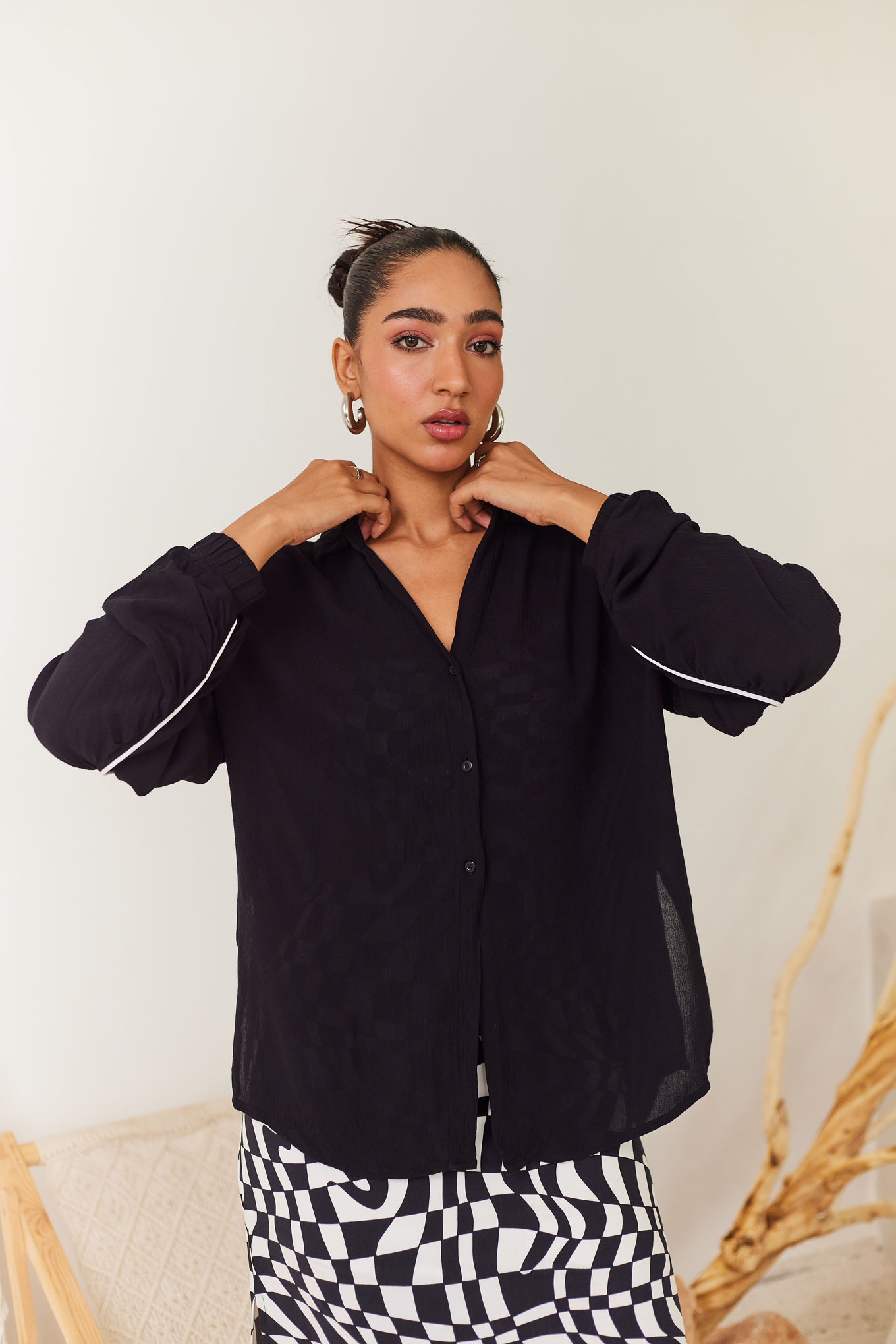 Black Shirt with Contrast Piping