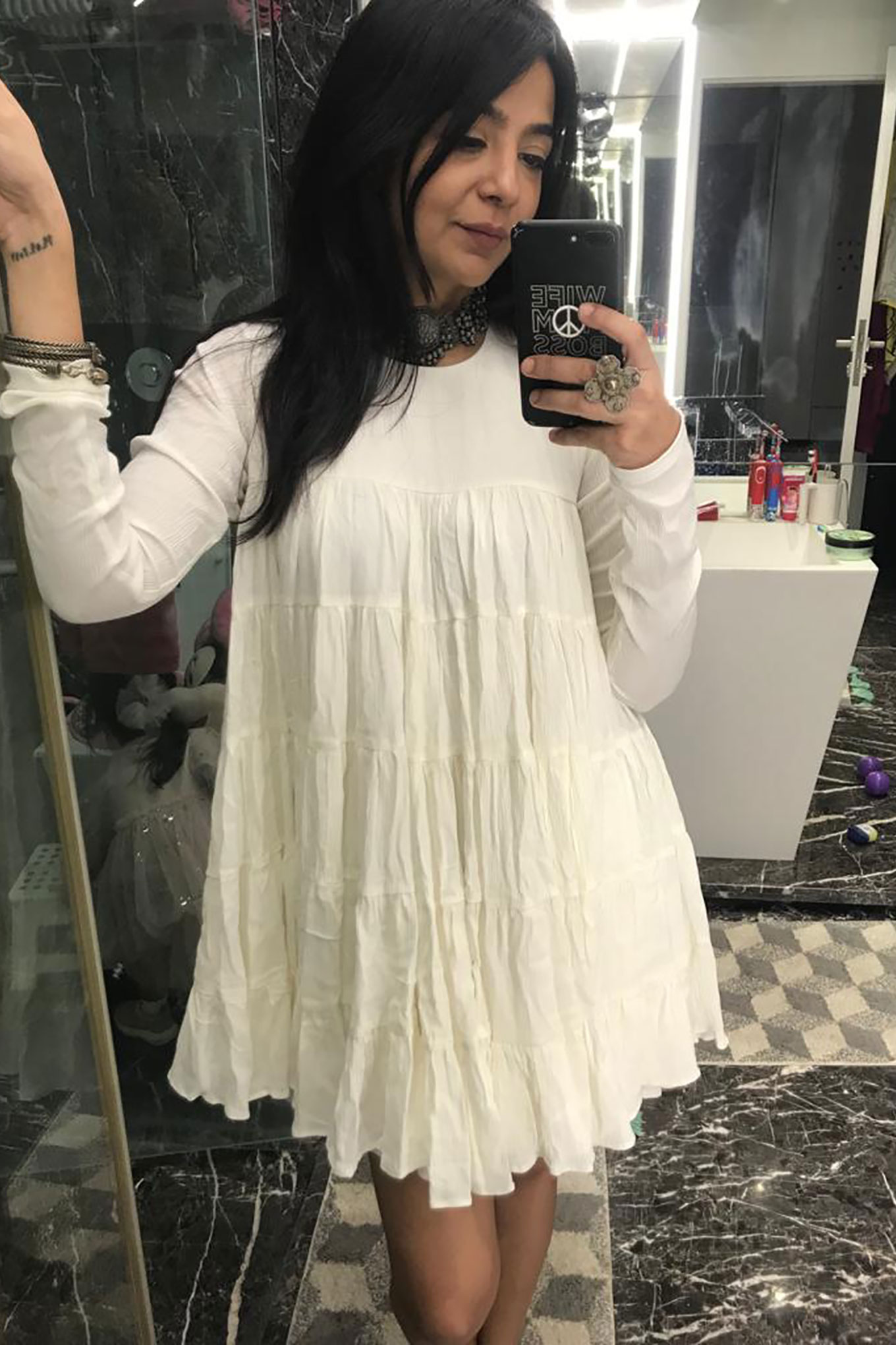 WHITE TIERED DRESS WITH FULL SLEEVES