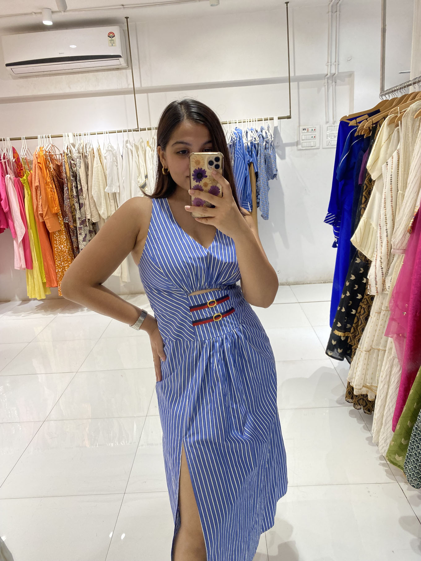 Blue Striped Midi Dress