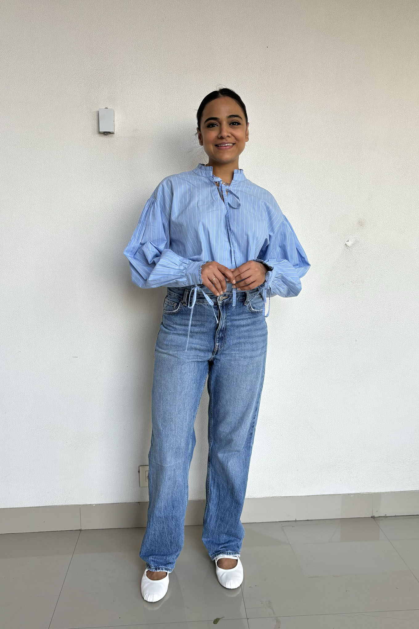 Blue Striped Oversized Shirt with Embroidery Detail