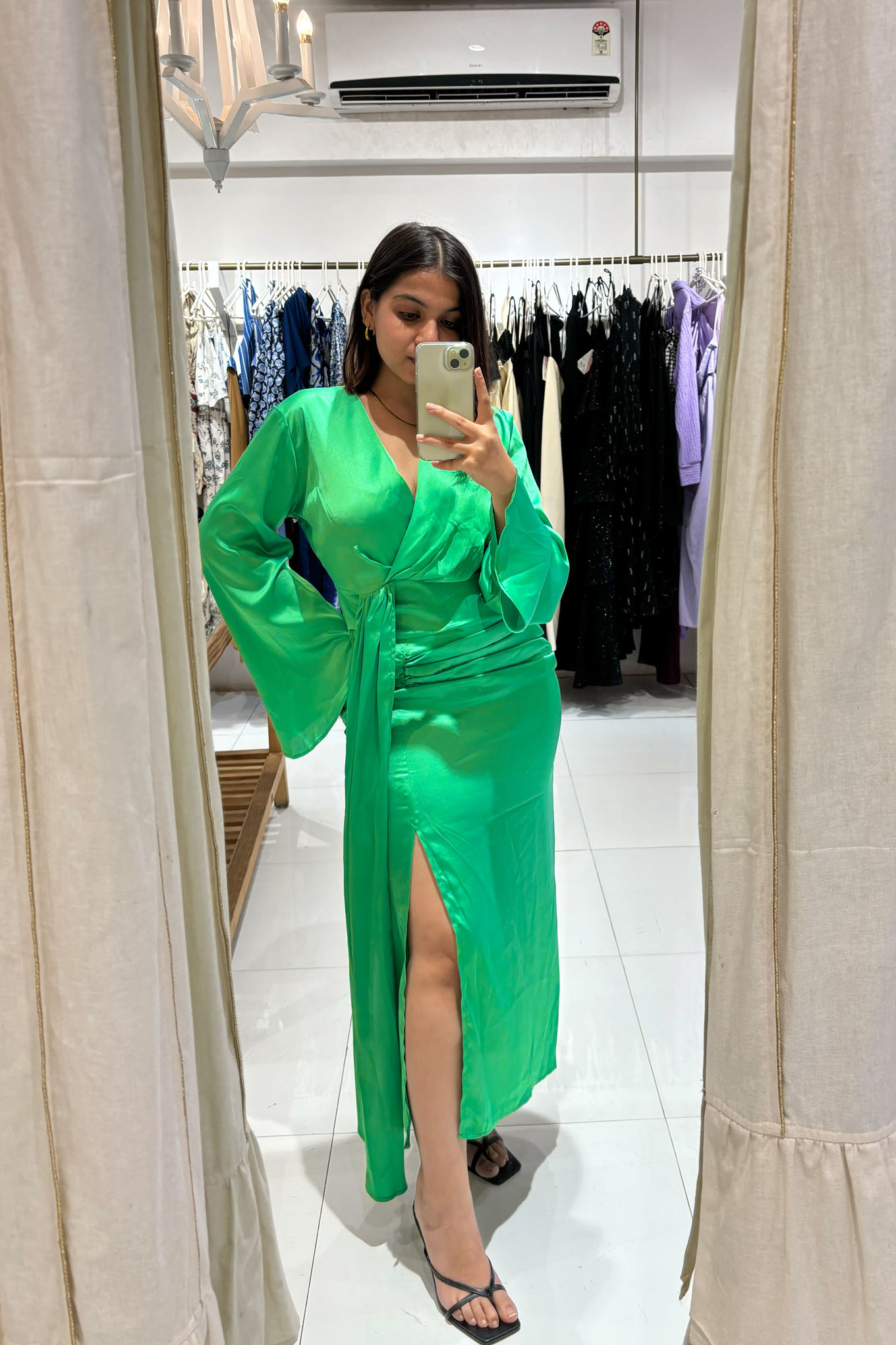 Green Draped Satin Midi Dress