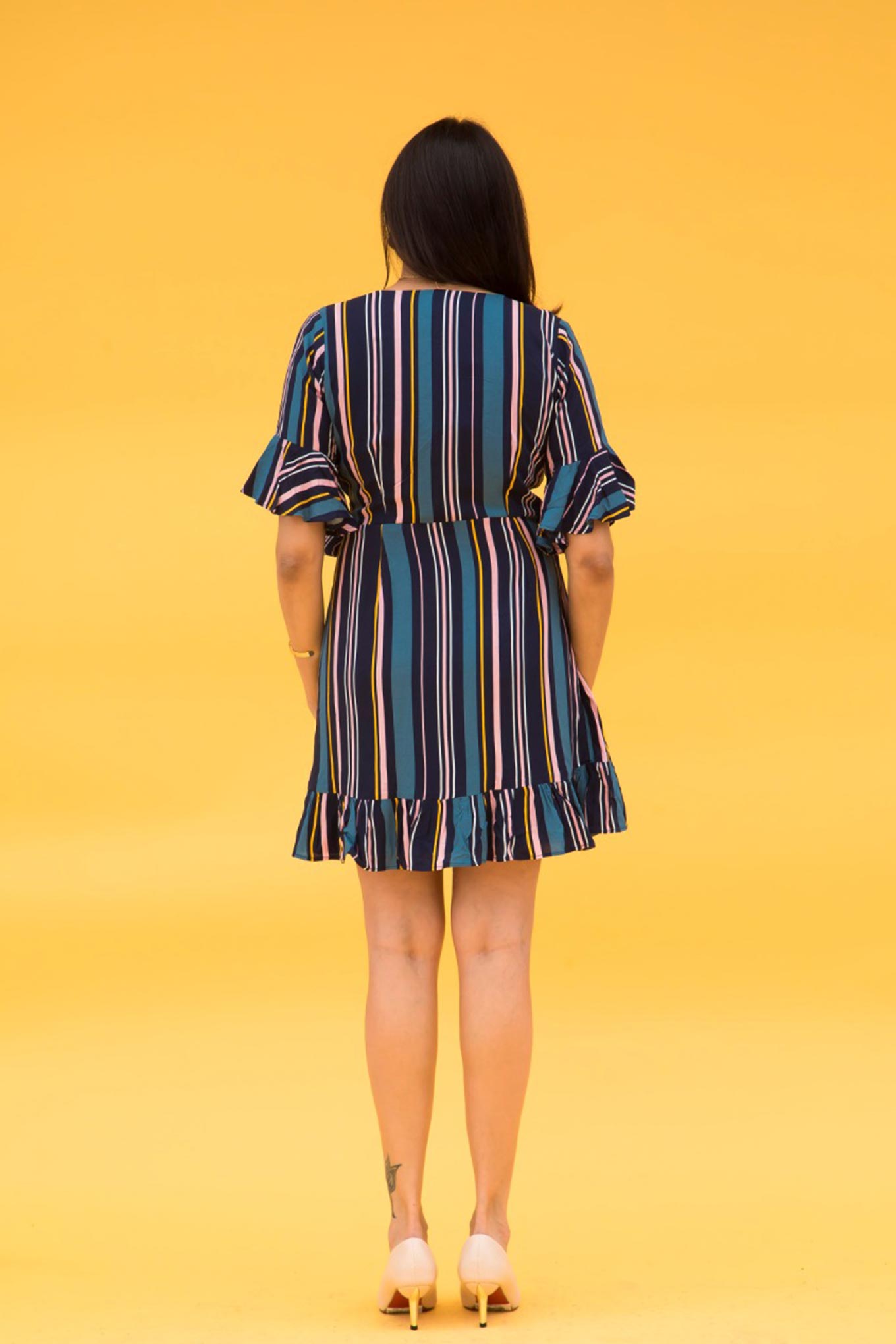 MULTI COLOURED STRIPED SHORT DRESS WITH FRILL DETAIL  RFD