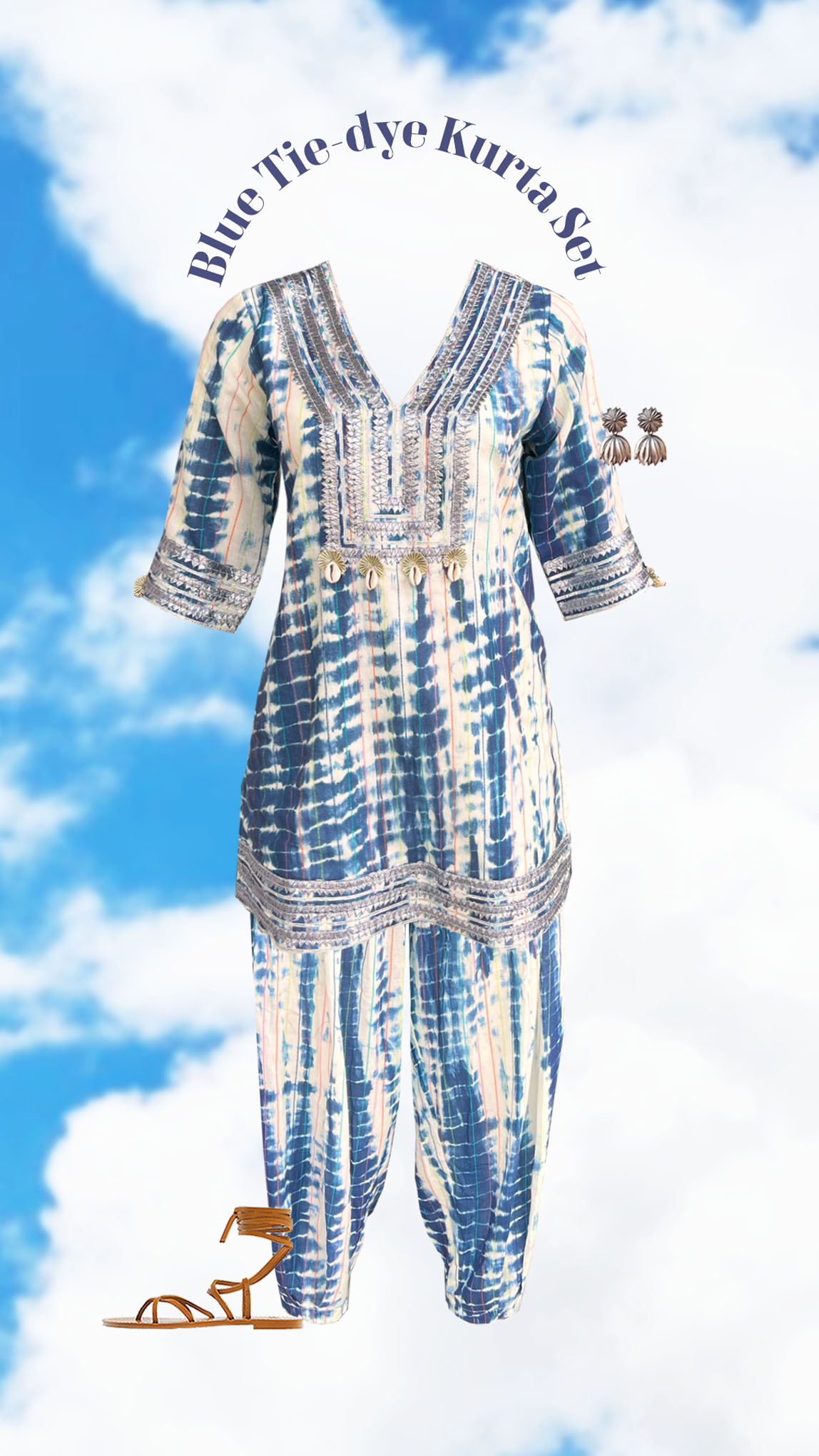 Blue Cotton Tie & Dye Kurta Set with Silver Gota Detail