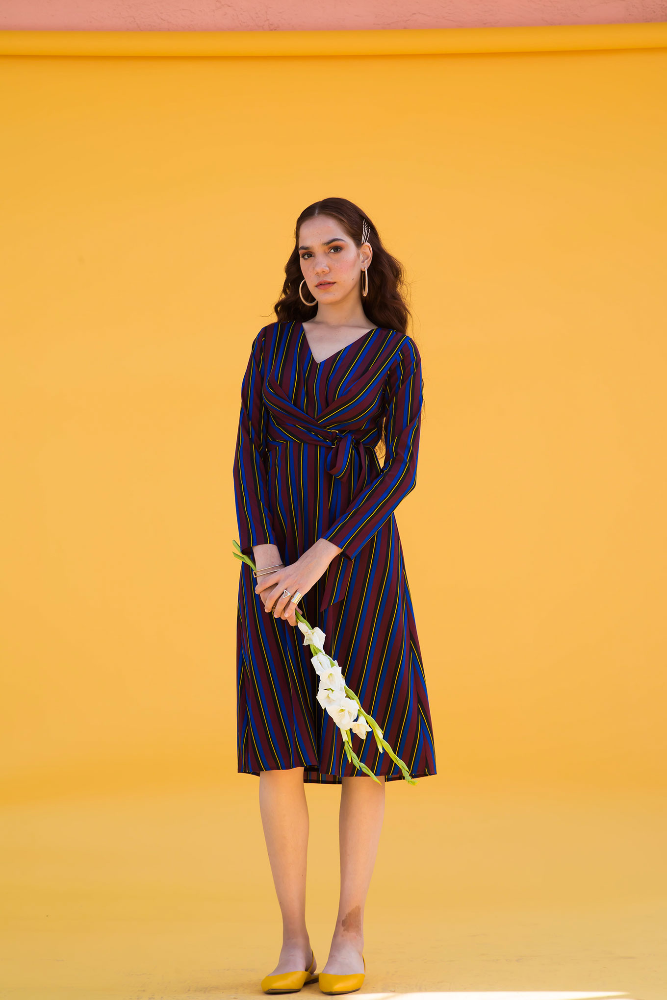 Multi Colour Striped Full Sleeve Midi Dress With Centre Knot Detail Rfd