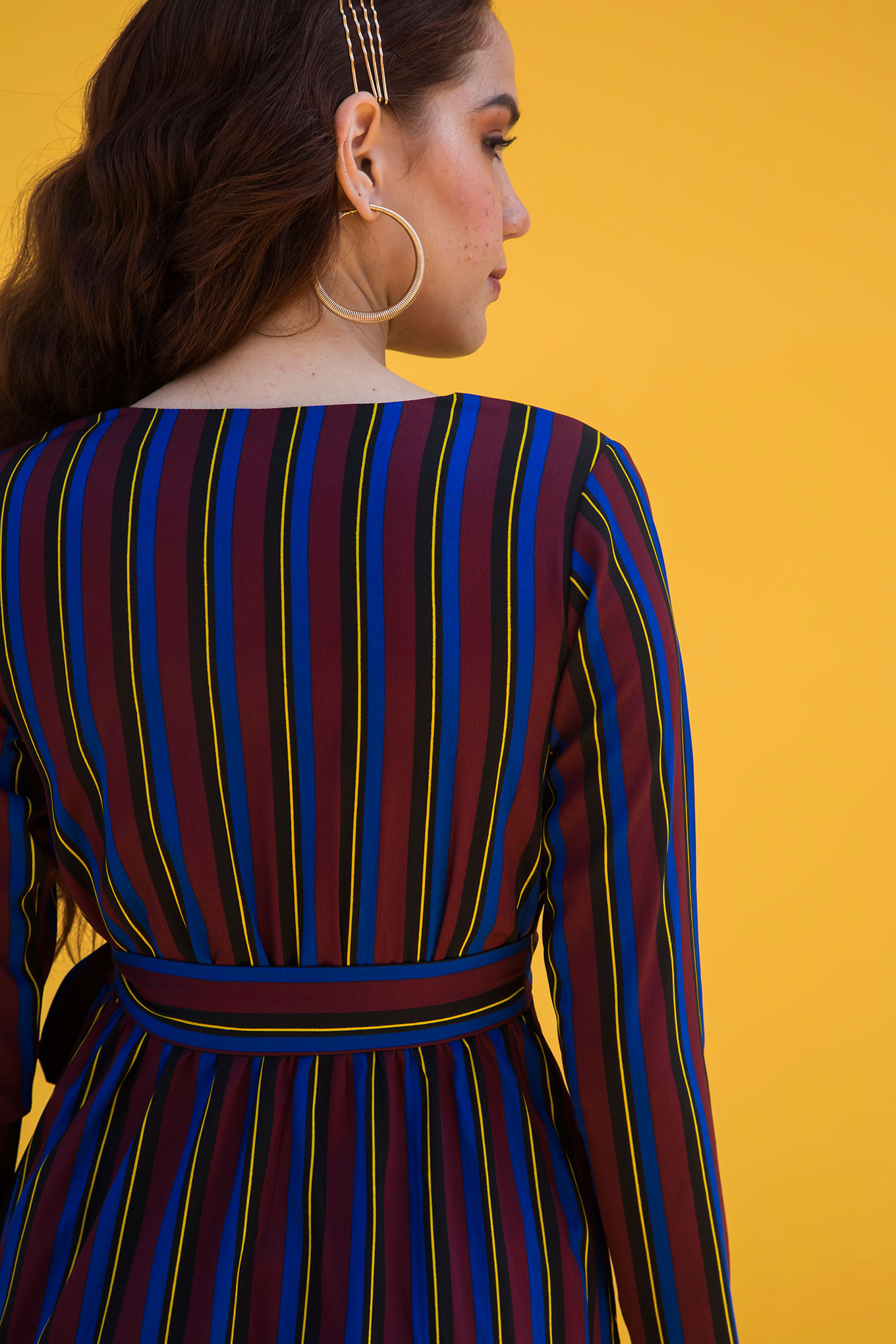 Multi Colour Striped Full Sleeve Midi Dress With Centre Knot Detail Rfd