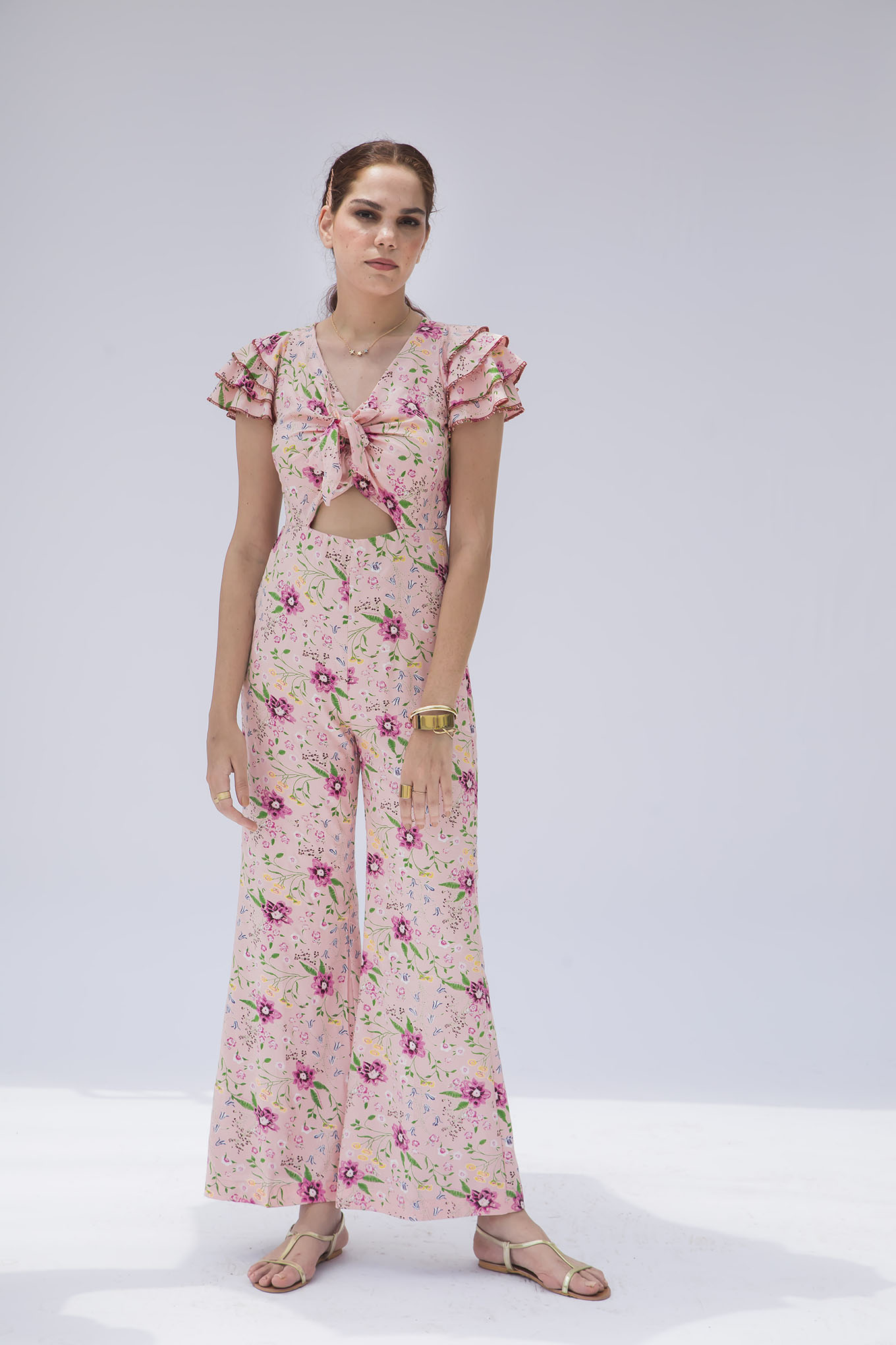 PINK FLORAL JUMPSUIT WITH SLEEVE DETAIL RFD